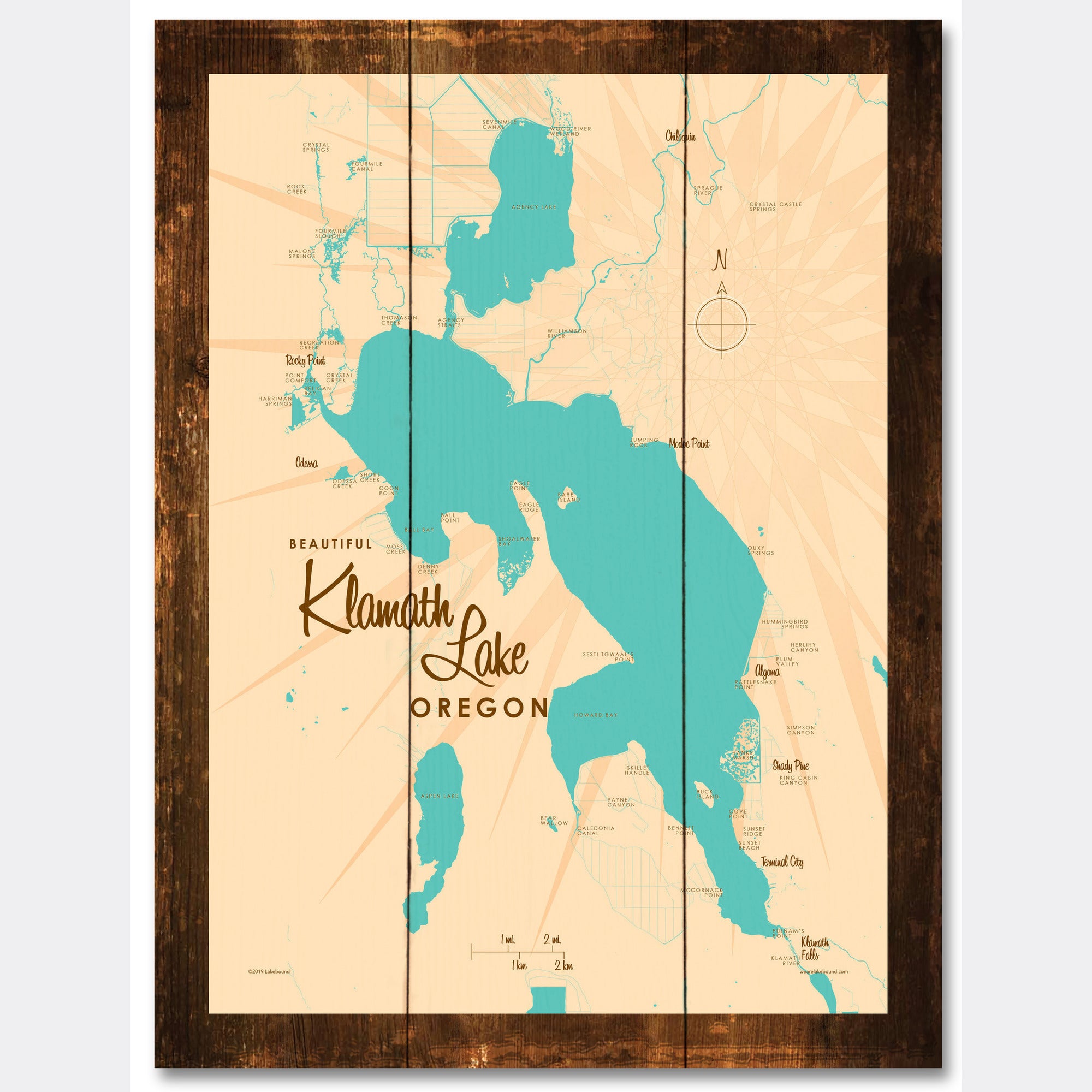 Klamath Lake Oregon, Rustic Wood Sign Map Art