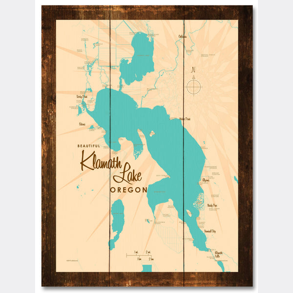 Klamath Lake Oregon, Rustic Wood Sign Map Art