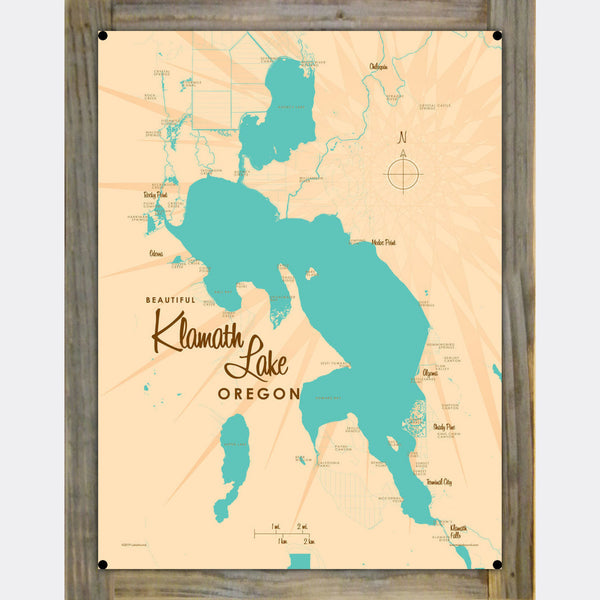 Klamath Lake Oregon, Wood-Mounted Metal Sign Map Art