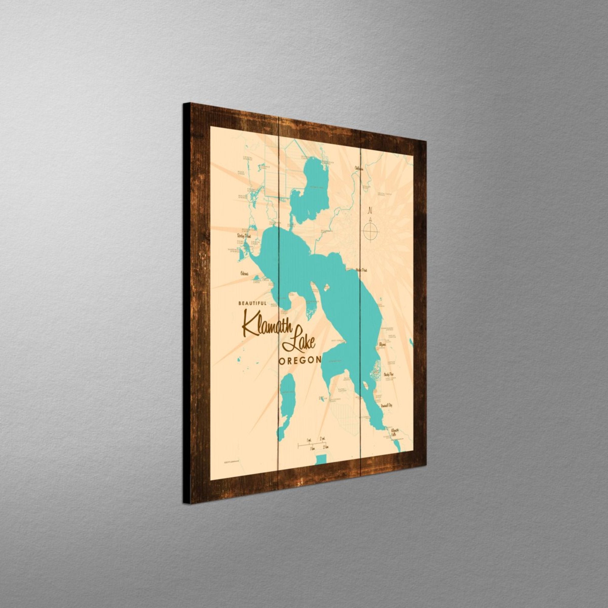 Klamath Lake Oregon, Rustic Wood Sign Map Art