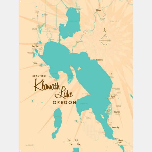 Klamath Lake Oregon, Metal Sign Map Art