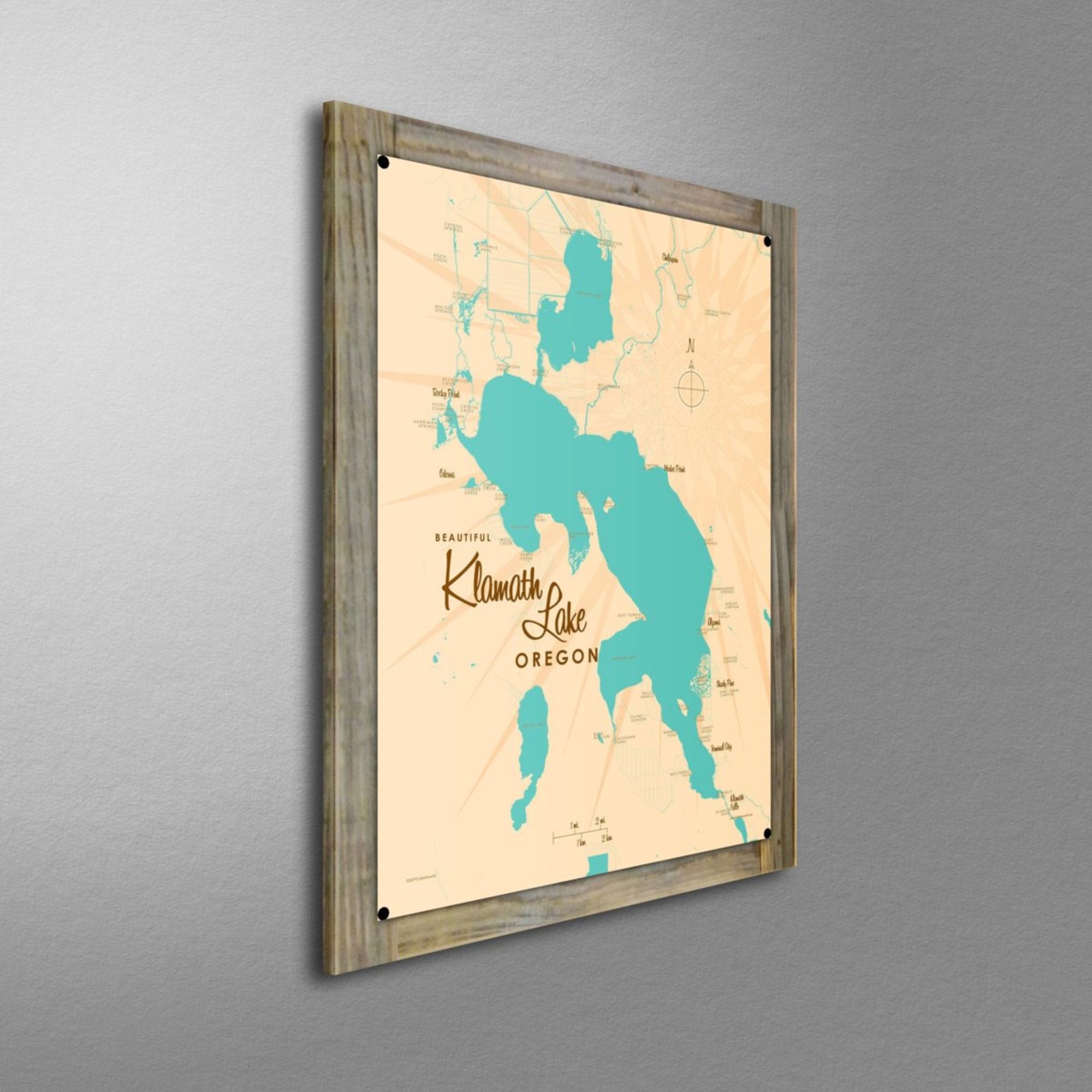 Klamath Lake Oregon, Wood-Mounted Metal Sign Map Art