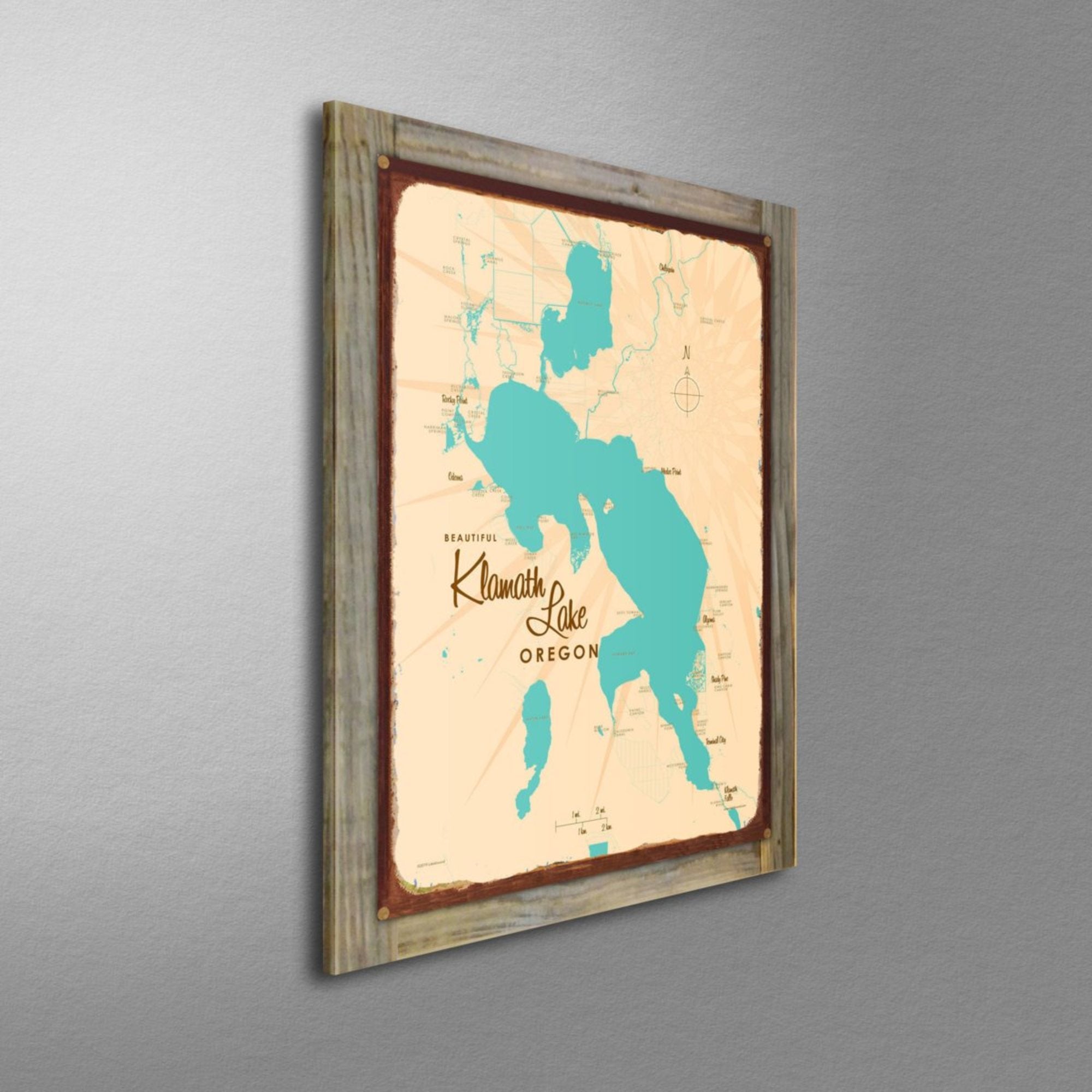 Klamath Lake Oregon, Wood-Mounted Rustic Metal Sign Map Art