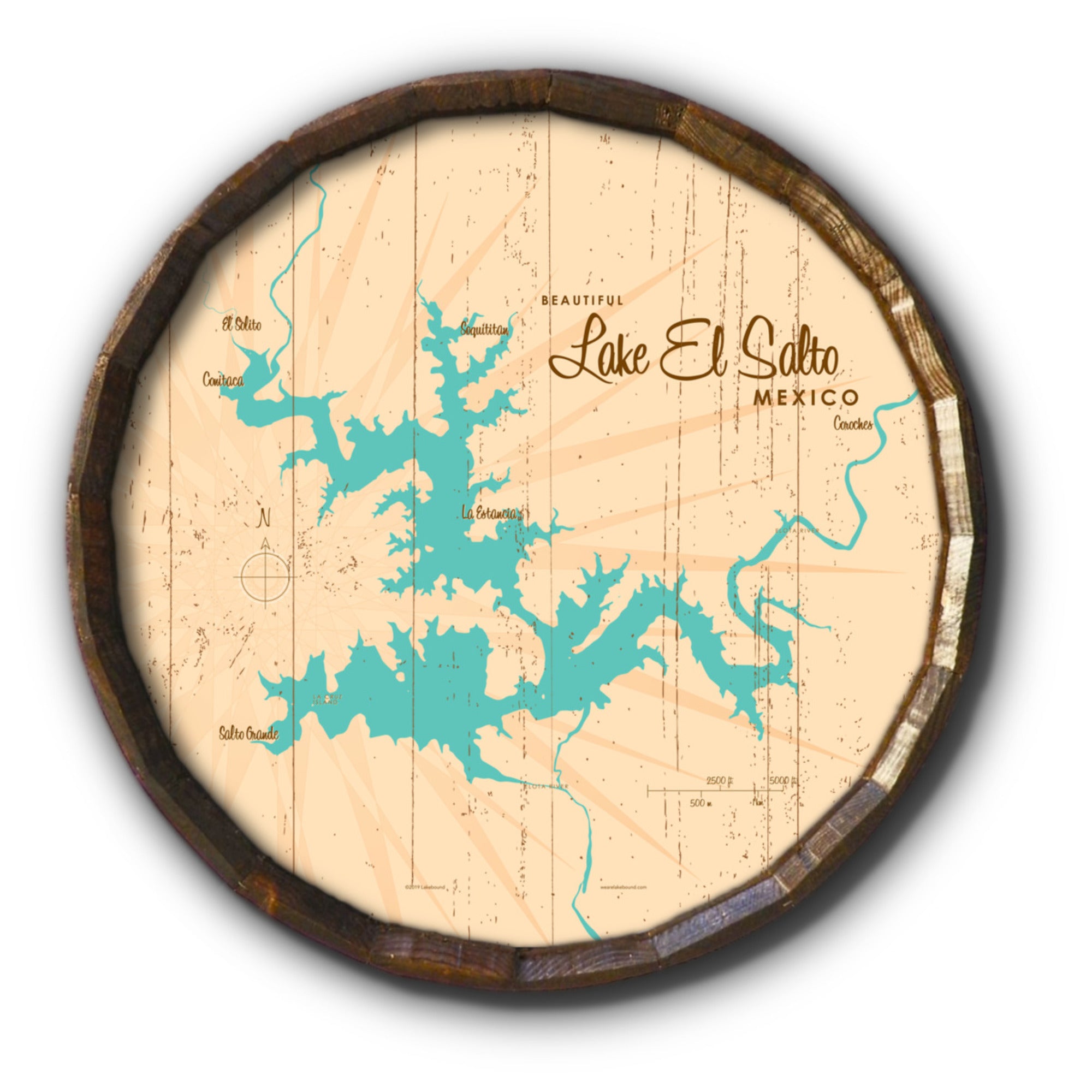 Lake El Salto Mexico, Rustic Barrel End Map Art