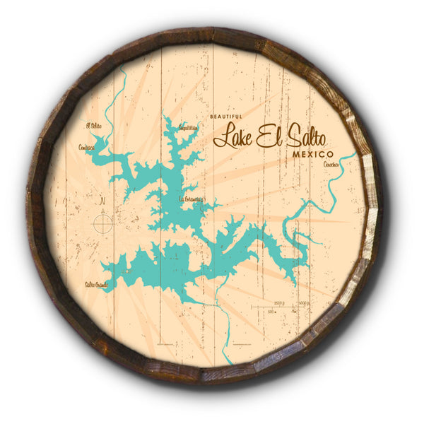 Lake El Salto Mexico, Rustic Barrel End Map Art