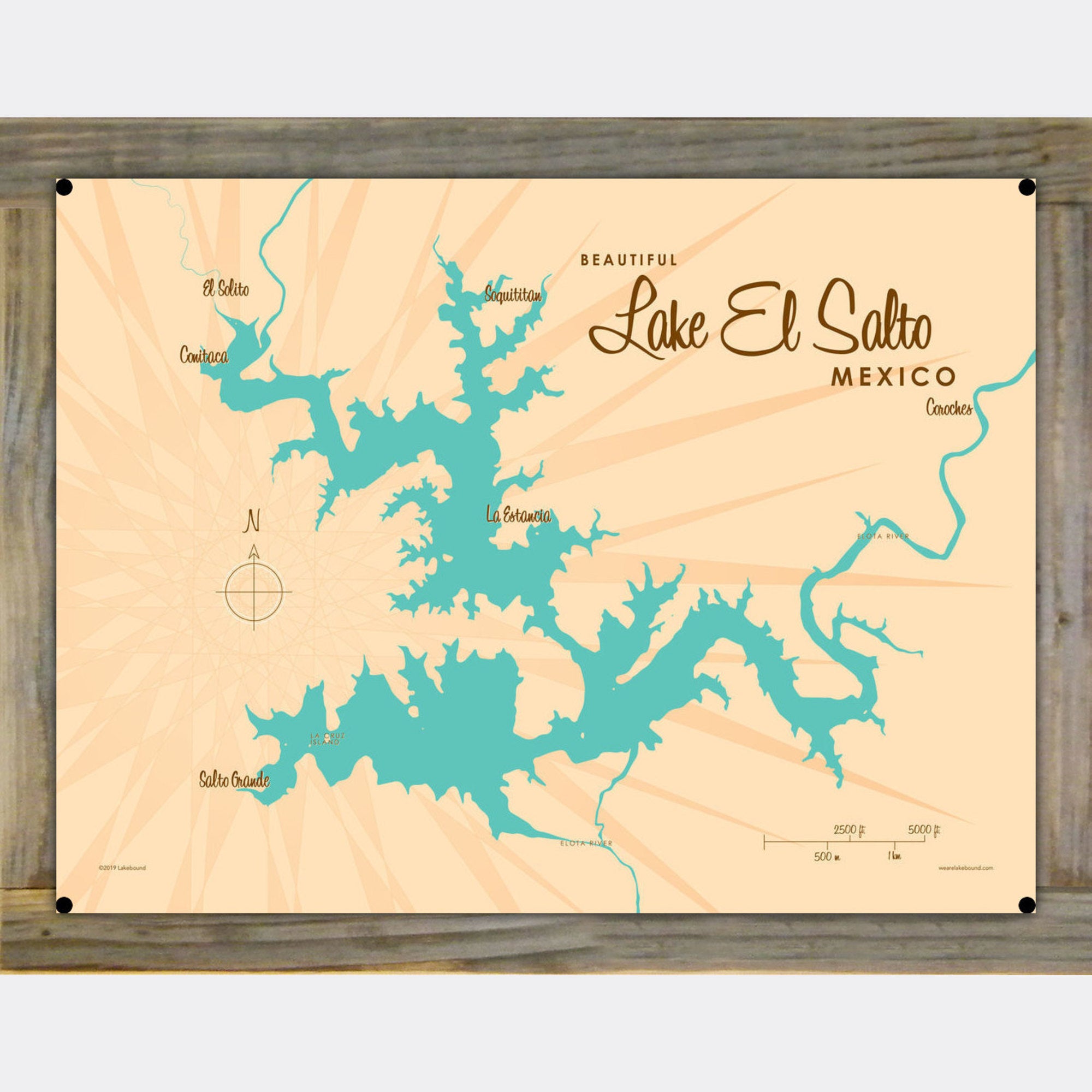 Lake El Salto Mexico, Wood-Mounted Metal Sign Map Art