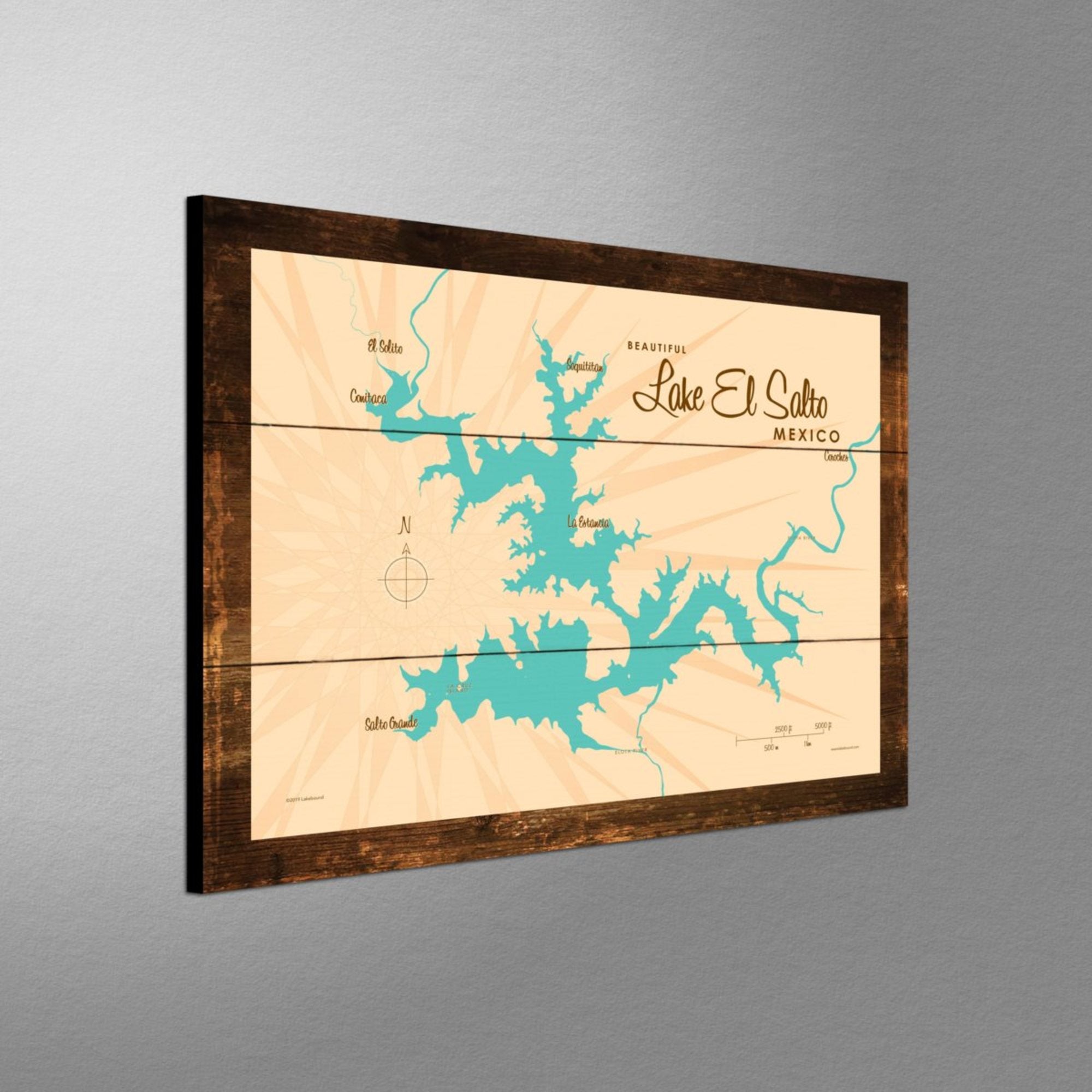 Lake El Salto Mexico, Rustic Wood Sign Map Art