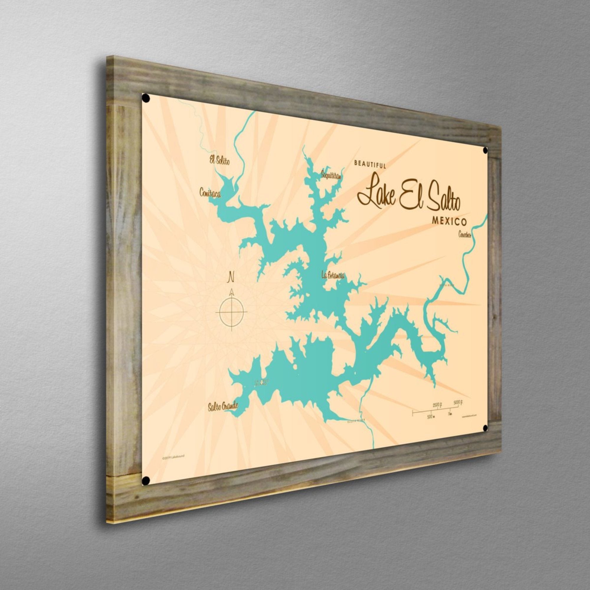 Lake El Salto Mexico, Wood-Mounted Metal Sign Map Art