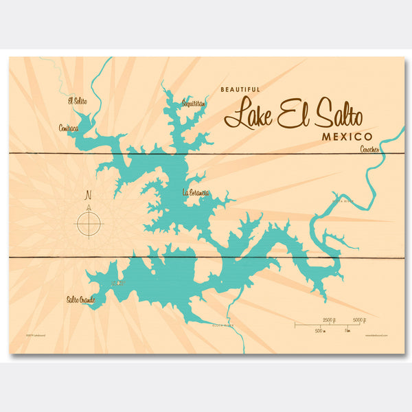 Lake El Salto Mexico, Wood Sign Map Art