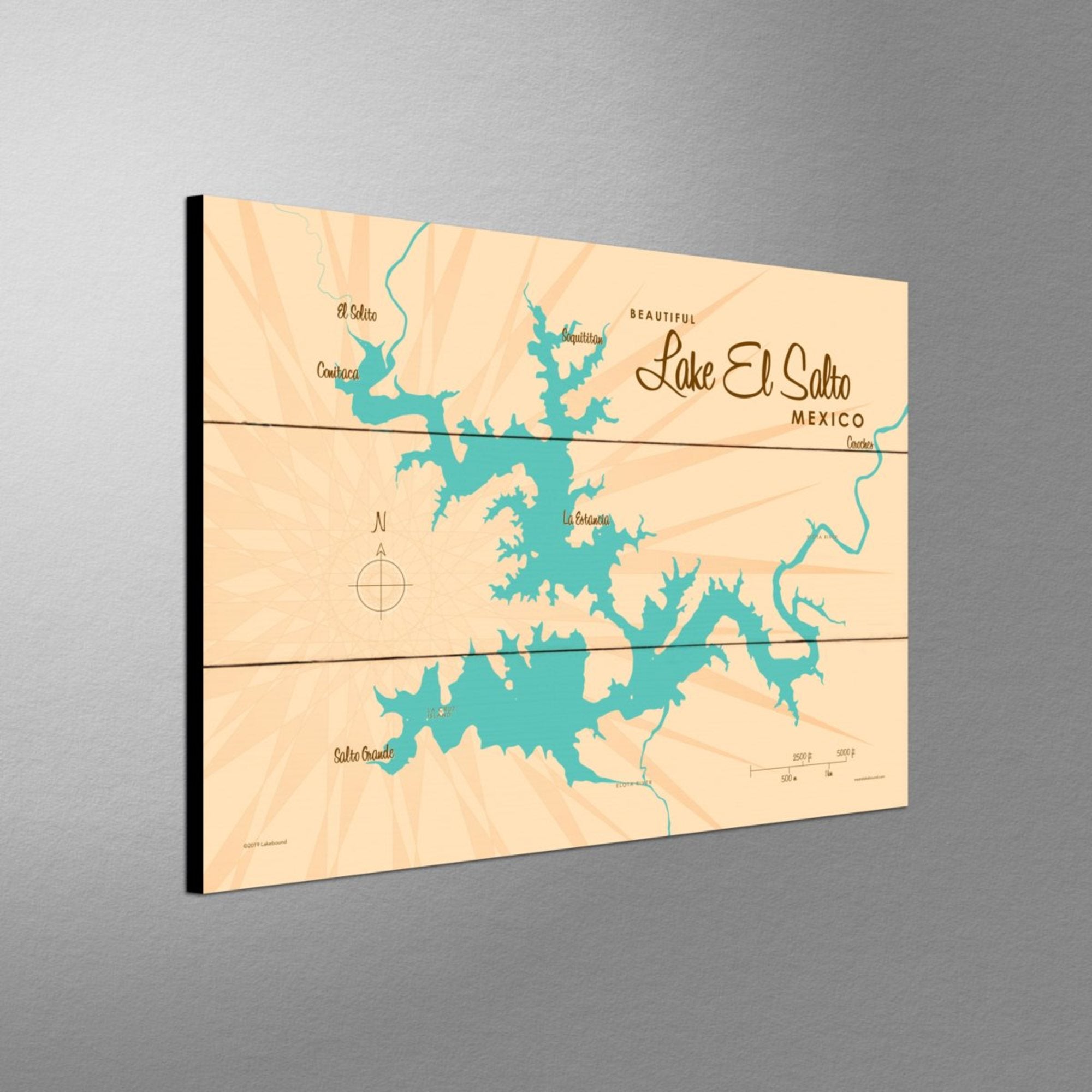 Lake El Salto Mexico, Wood Sign Map Art