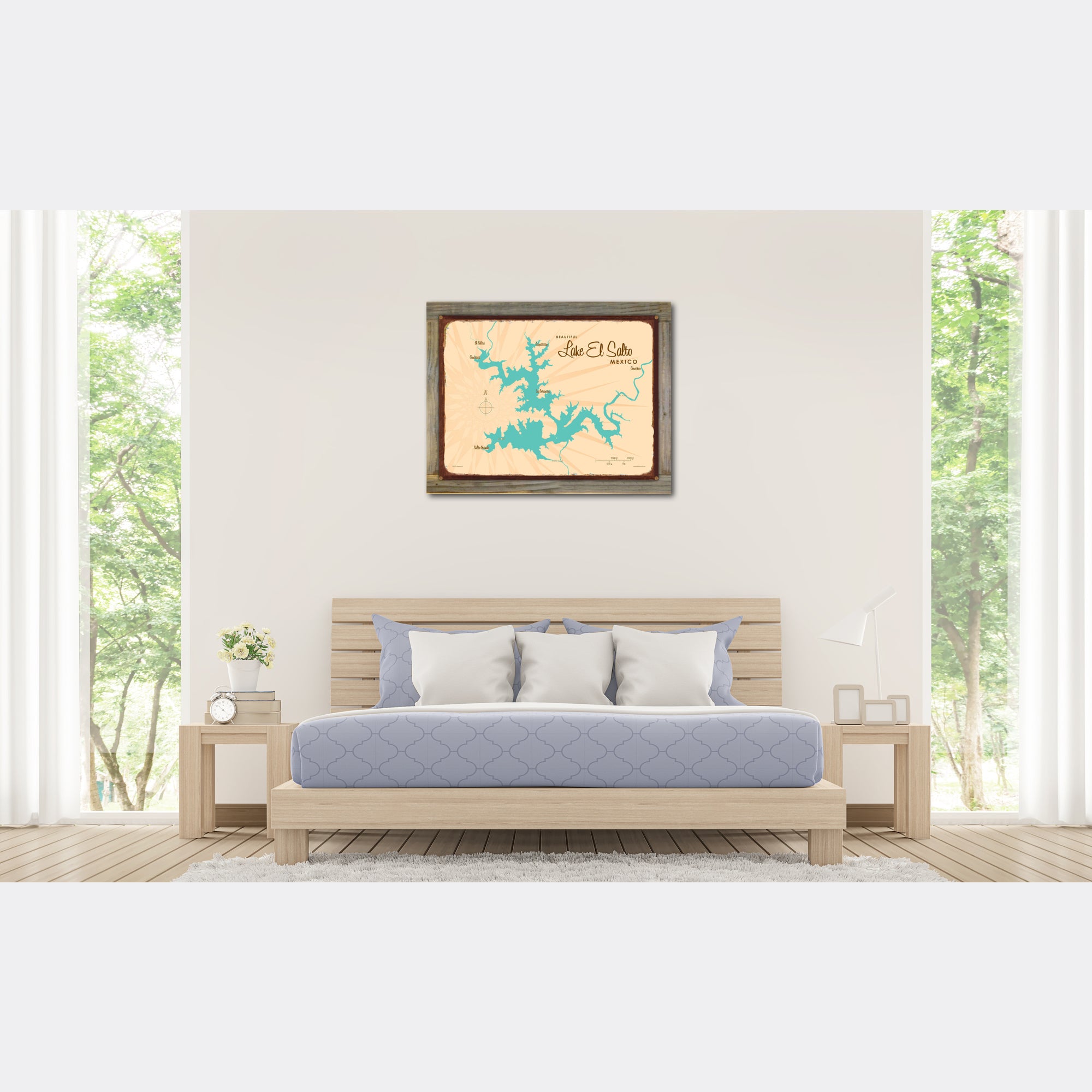 Lake El Salto Mexico, Wood-Mounted Rustic Metal Sign Map Art