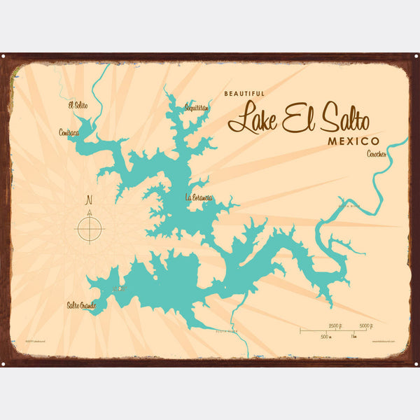 Lake El Salto Mexico, Rustic Metal Sign Map Art