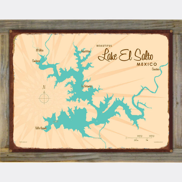 Lake El Salto Mexico, Wood-Mounted Rustic Metal Sign Map Art