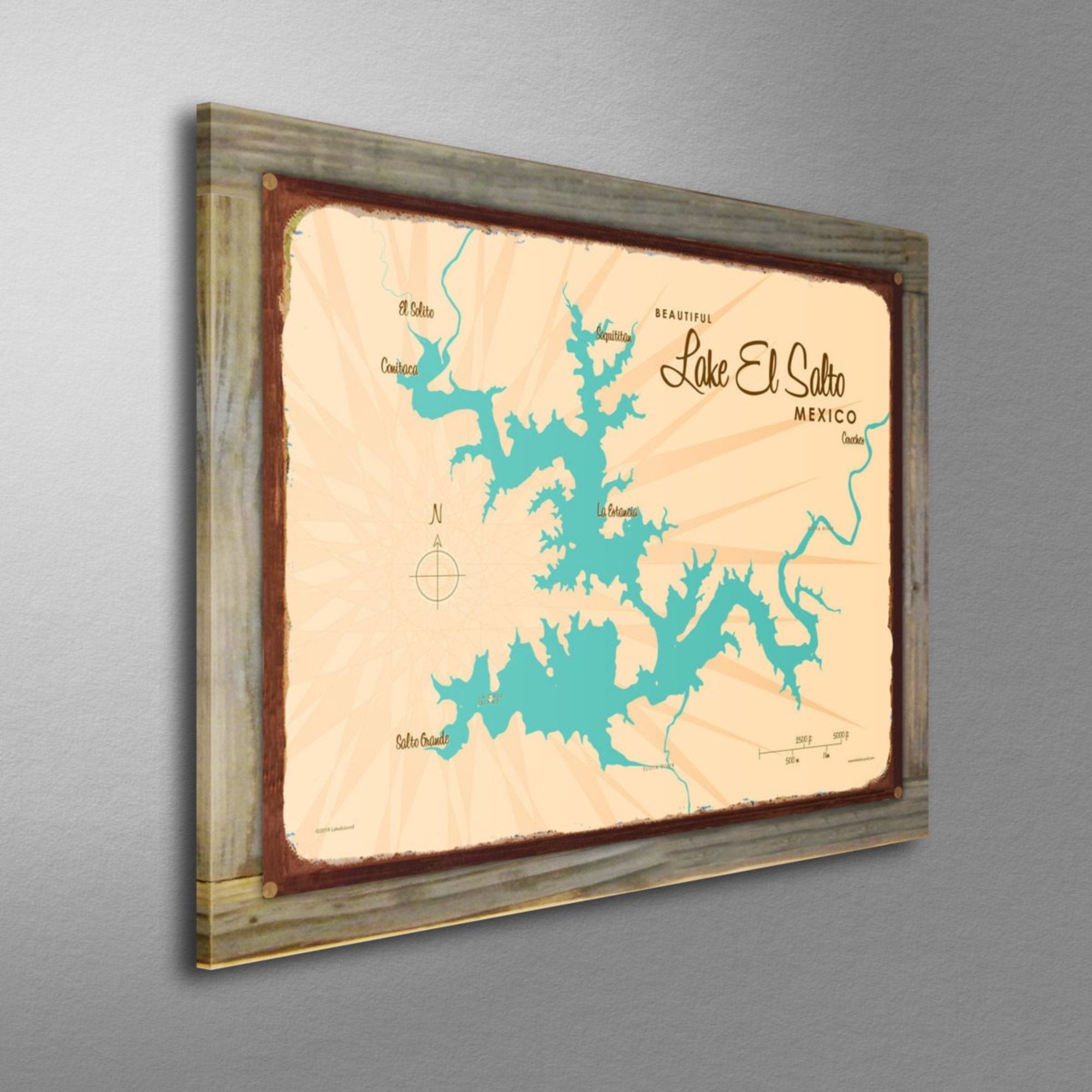 Lake El Salto Mexico, Wood-Mounted Rustic Metal Sign Map Art