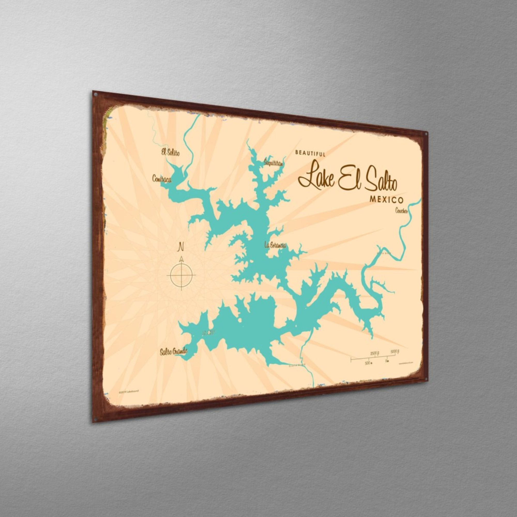 Lake El Salto Mexico, Rustic Metal Sign Map Art