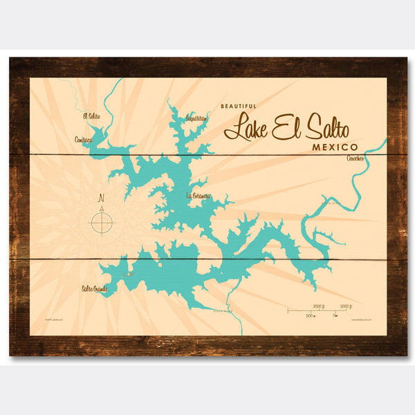 Lake El Salto Mexico, Rustic Wood Sign Map Art