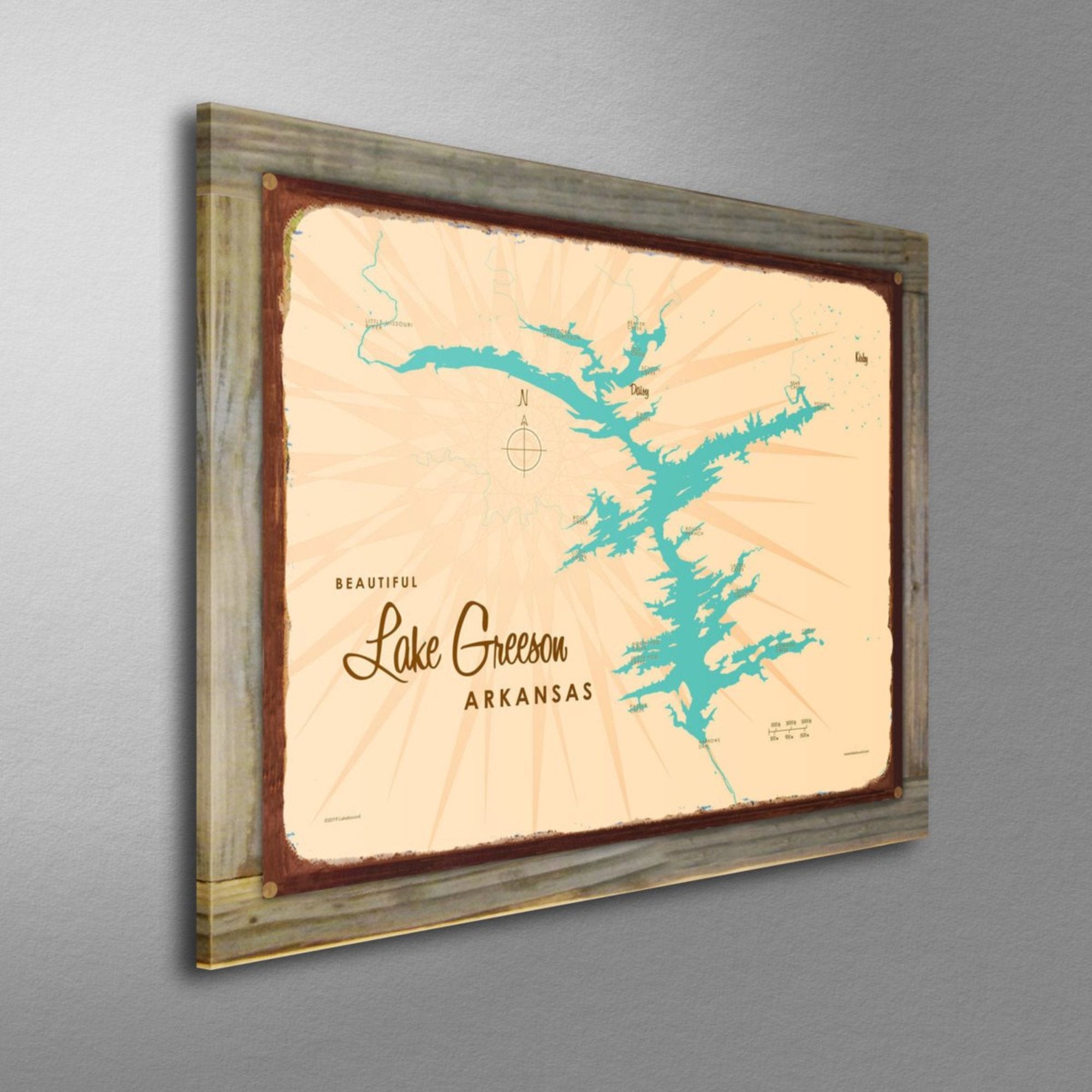 Lake Greeson Arkansas, Wood-Mounted Rustic Metal Sign Map Art