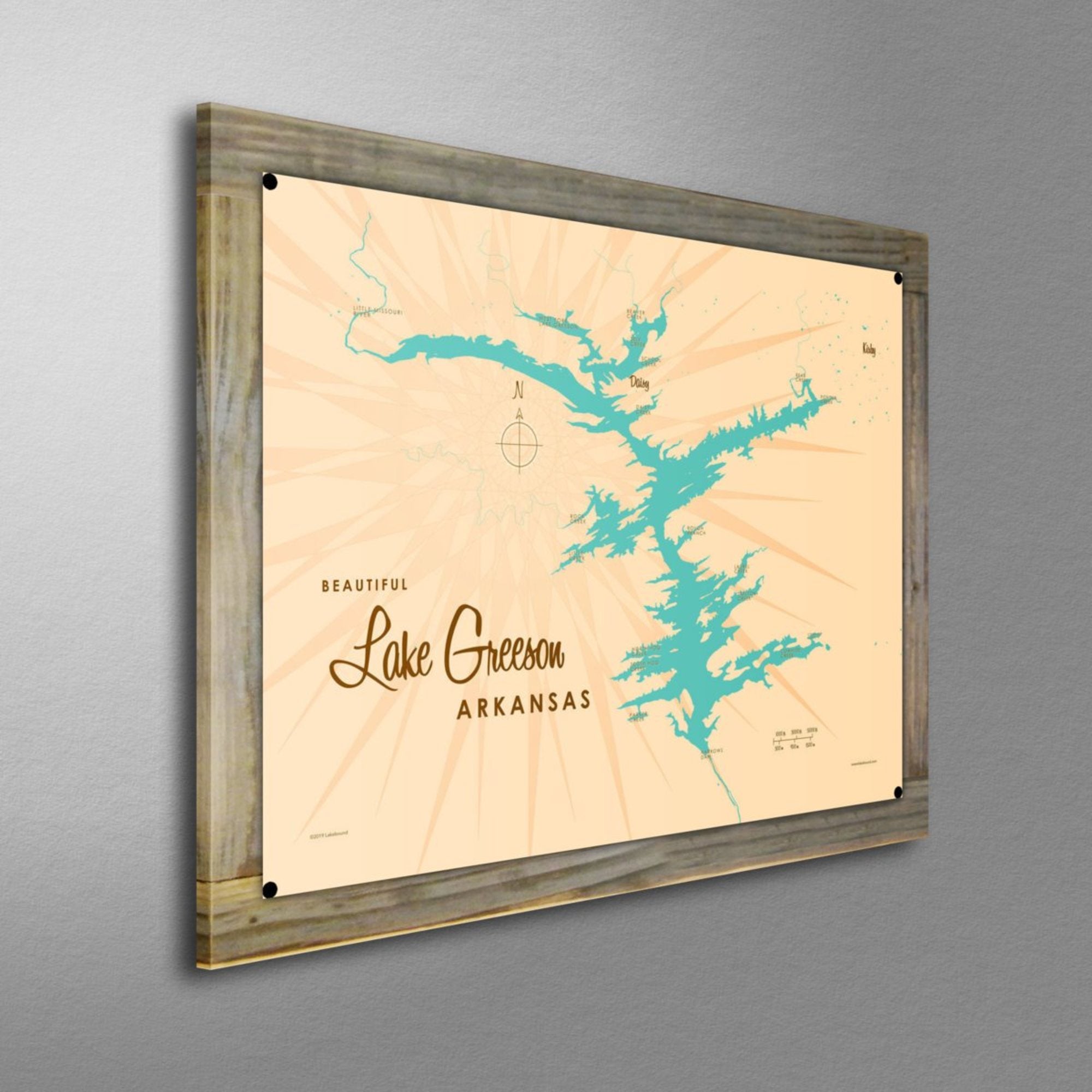 Lake Greeson Arkansas, Wood-Mounted Metal Sign Map Art