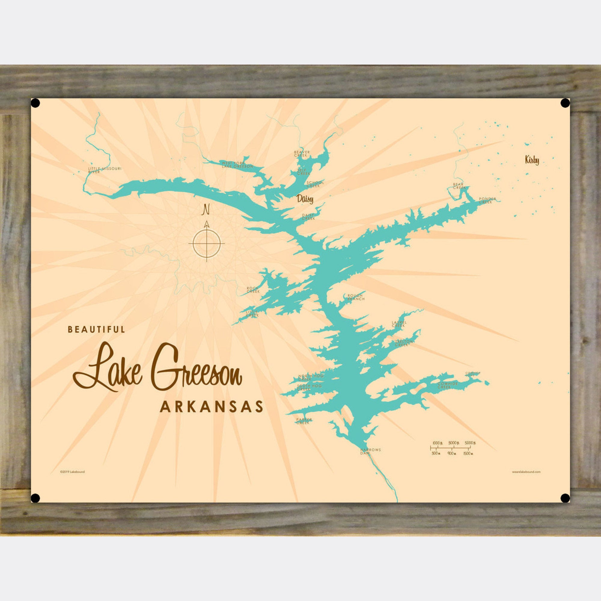 Lake Greeson Arkansas, Wood-Mounted Metal Sign Map Art