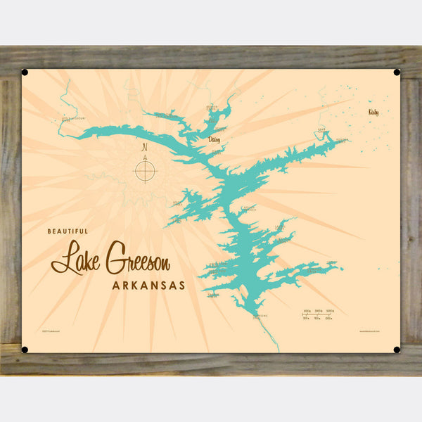 Lake Greeson Arkansas, Wood-Mounted Metal Sign Map Art