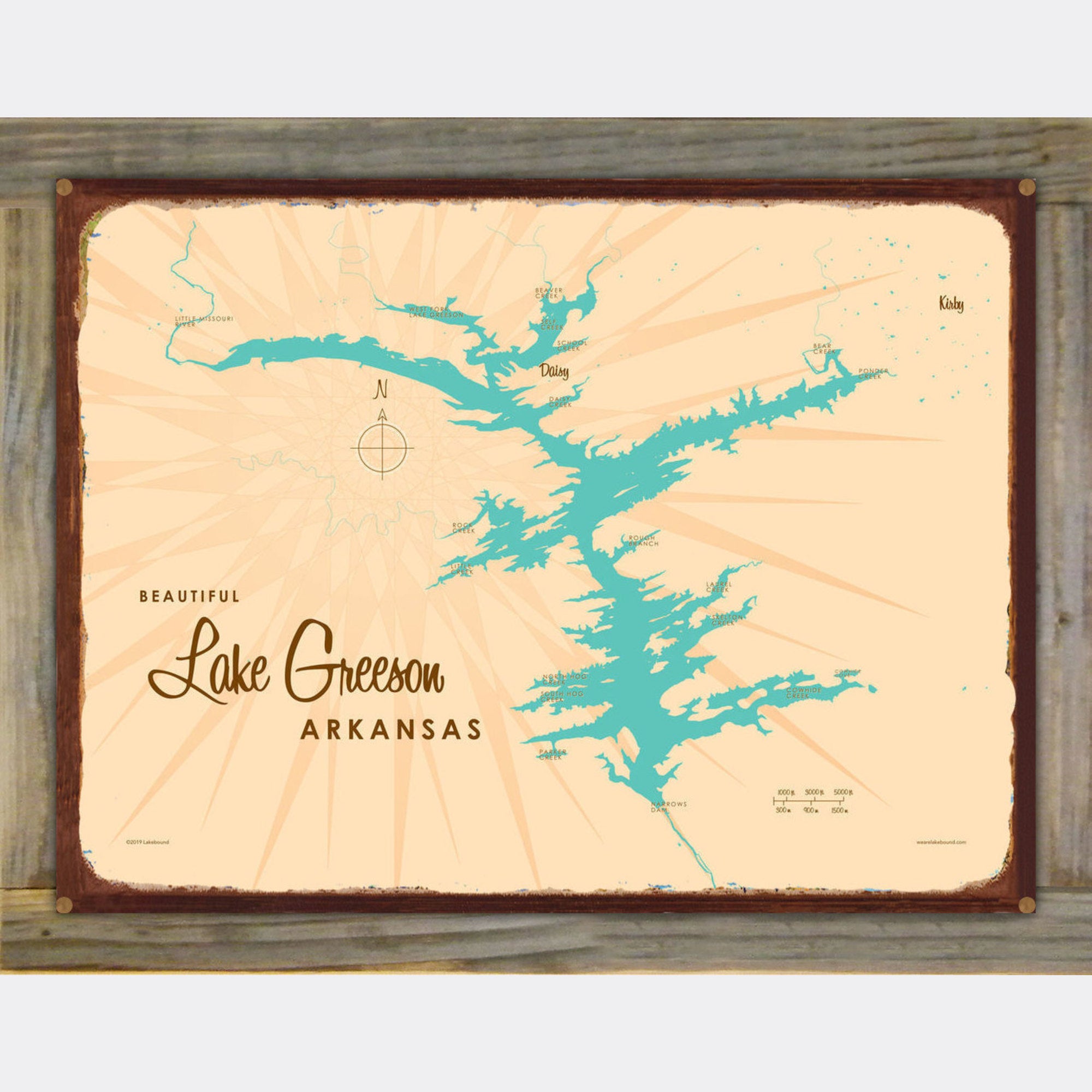 Lake Greeson Arkansas, Wood-Mounted Rustic Metal Sign Map Art