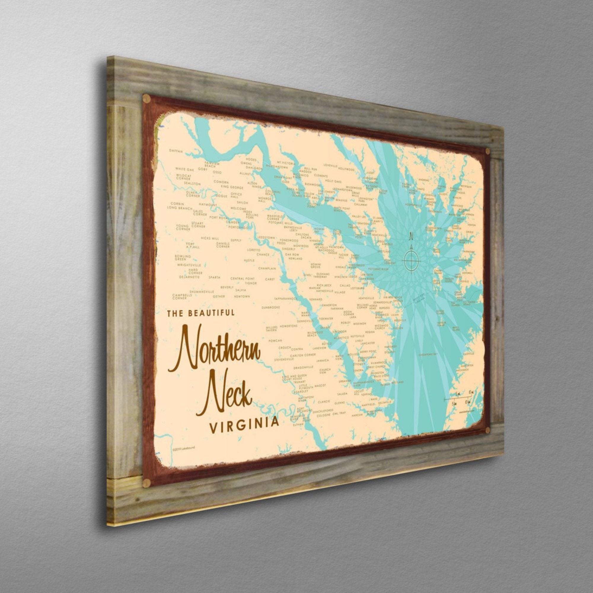 Northern Neck Virginia, Wood-Mounted Rustic Metal Sign Map Art
