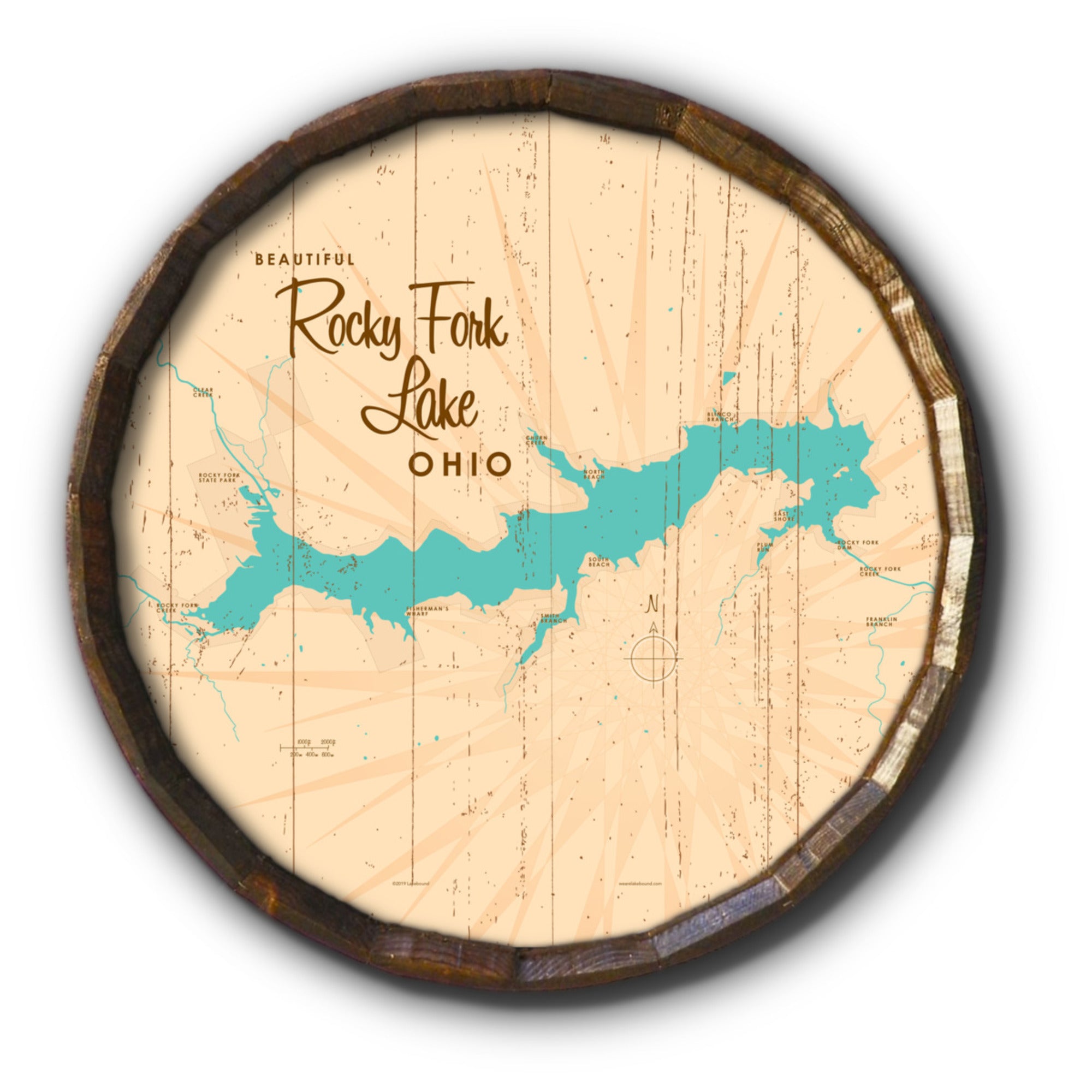 Rocky Fork Lake Ohio, Rustic Barrel End Map Art