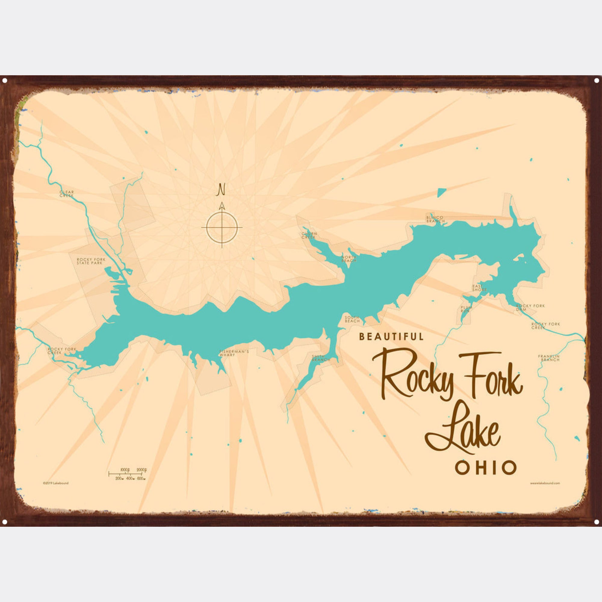 Rocky Fork Lake Ohio, Rustic Metal Sign Map Art