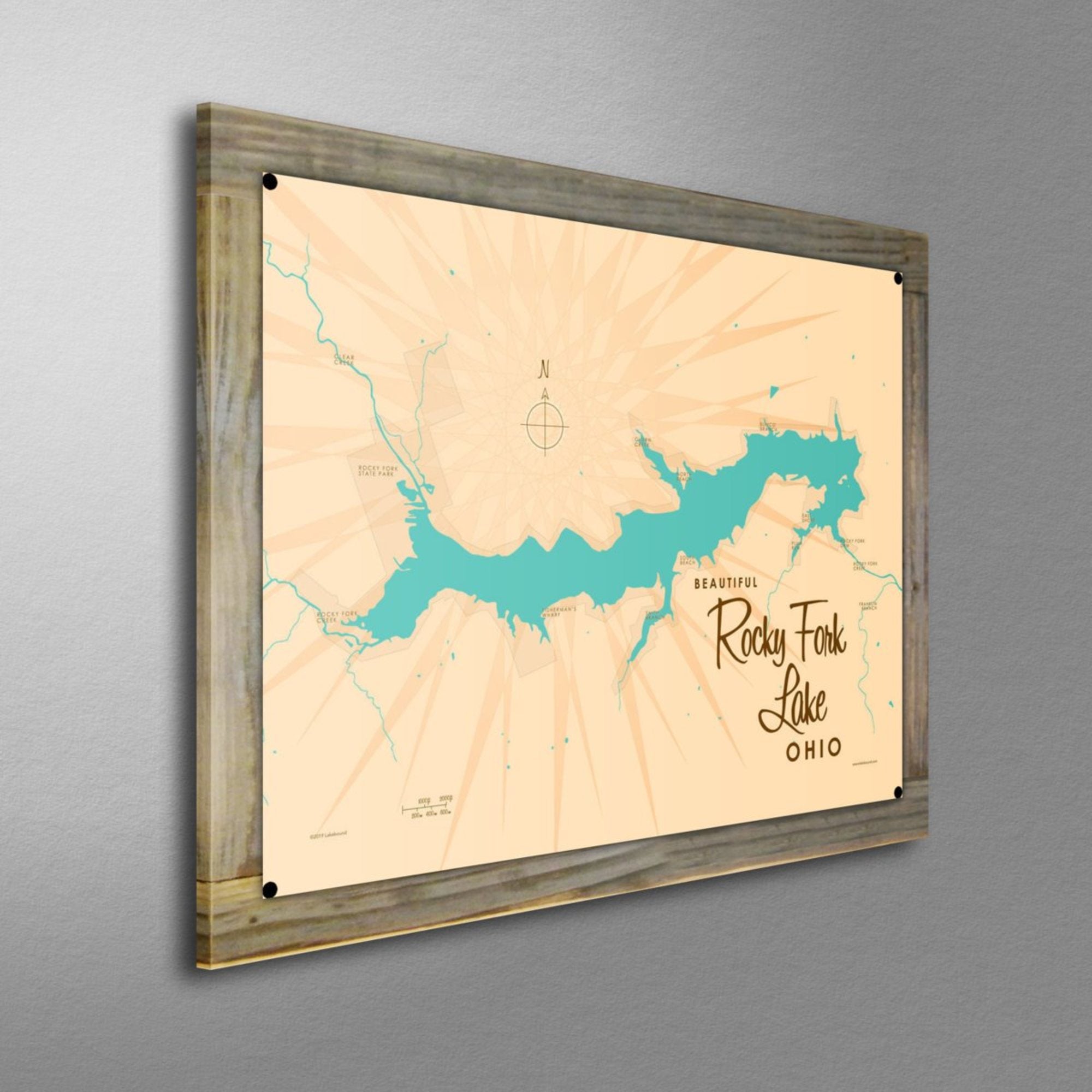 Rocky Fork Lake Ohio, Wood-Mounted Metal Sign Map Art