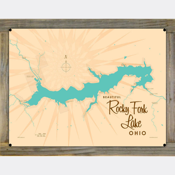 Rocky Fork Lake Ohio, Wood-Mounted Metal Sign Map Art