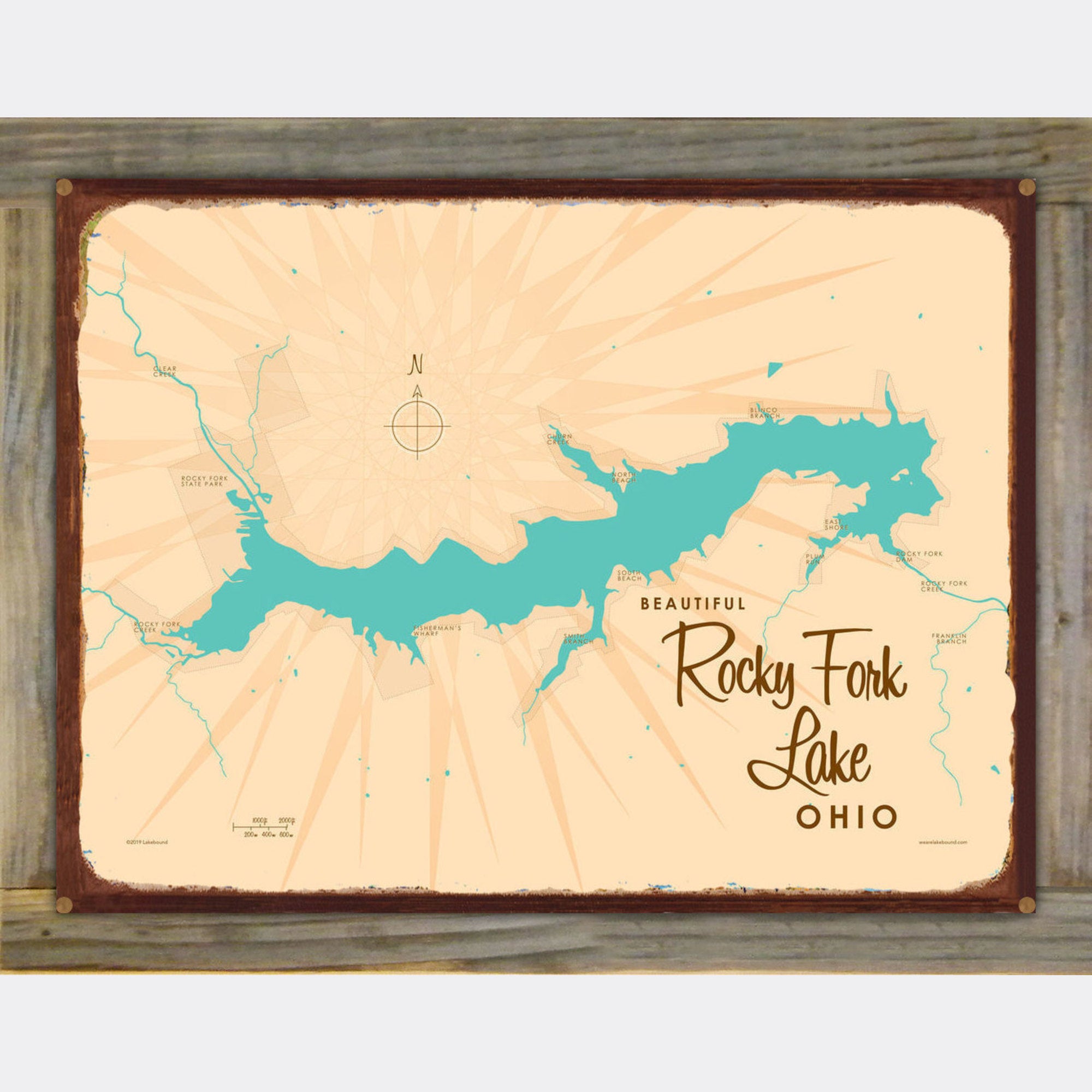 Rocky Fork Lake Ohio, Wood-Mounted Rustic Metal Sign Map Art