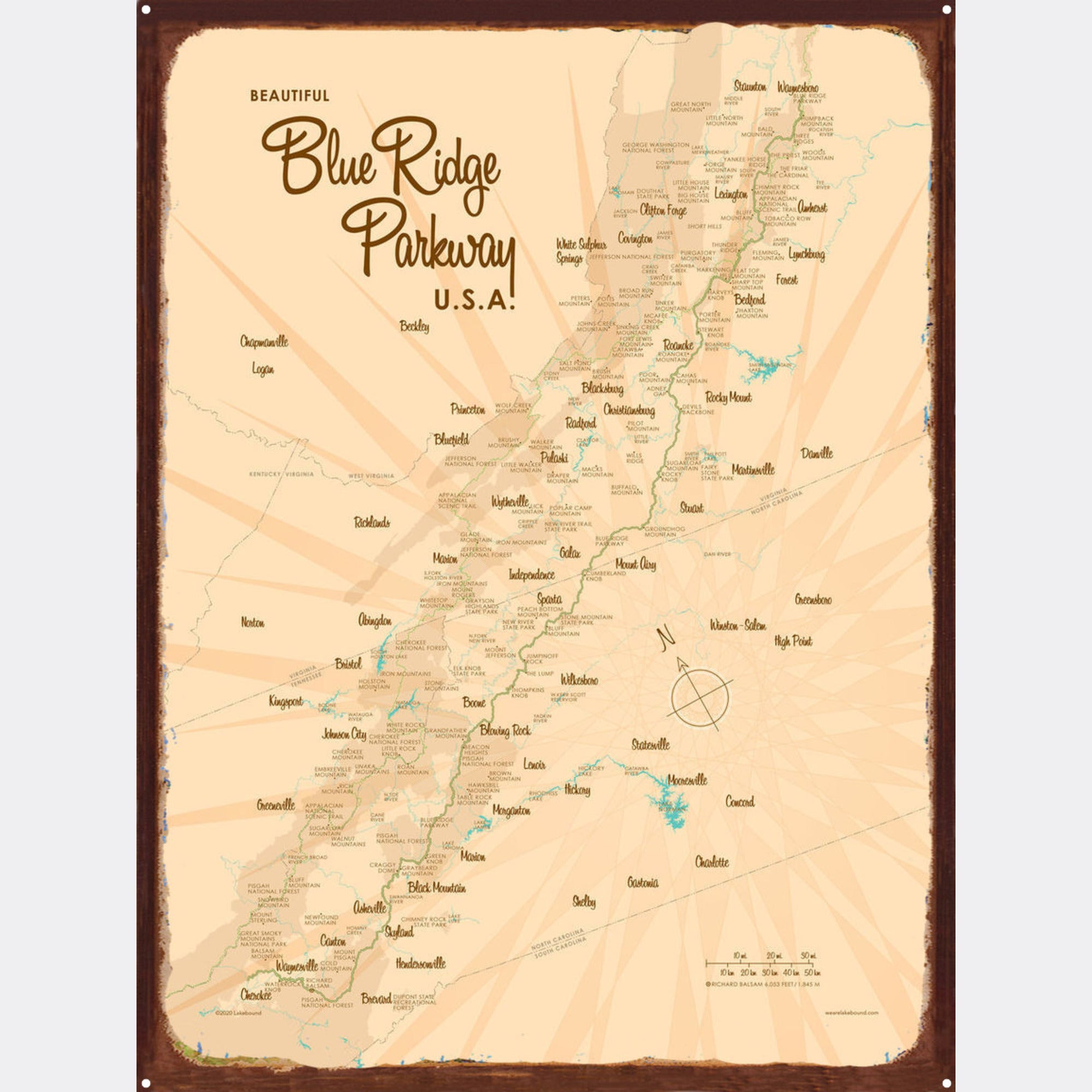 Blue Ridge Parkway, Rustic Metal Sign Map Art