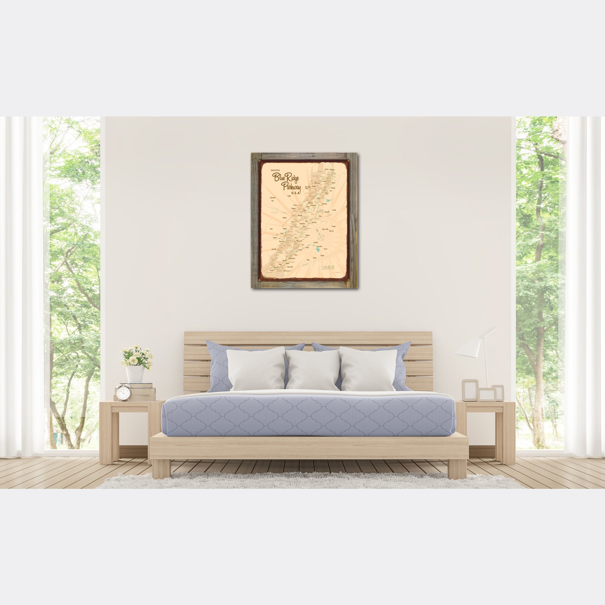 Blue Ridge Parkway, Wood-Mounted Rustic Metal Sign Map Art