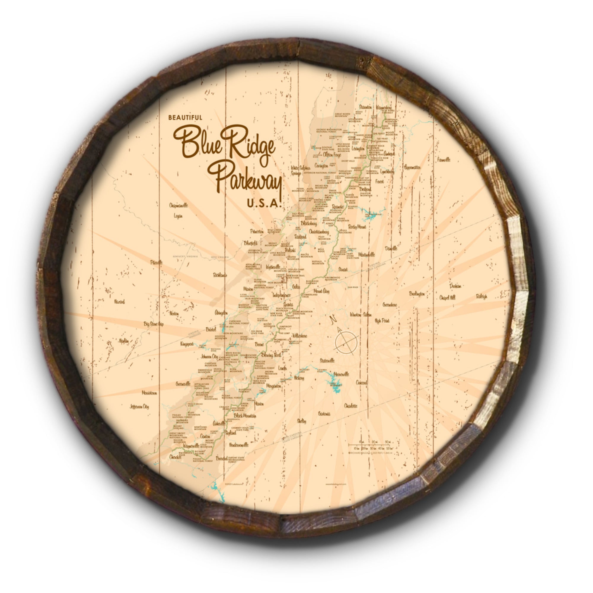 Blue Ridge Parkway, Rustic Barrel End Map Art