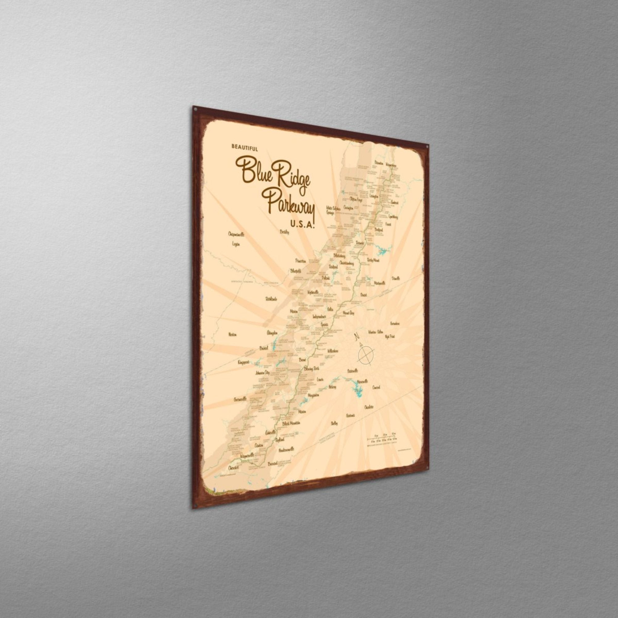 Blue Ridge Parkway, Rustic Metal Sign Map Art