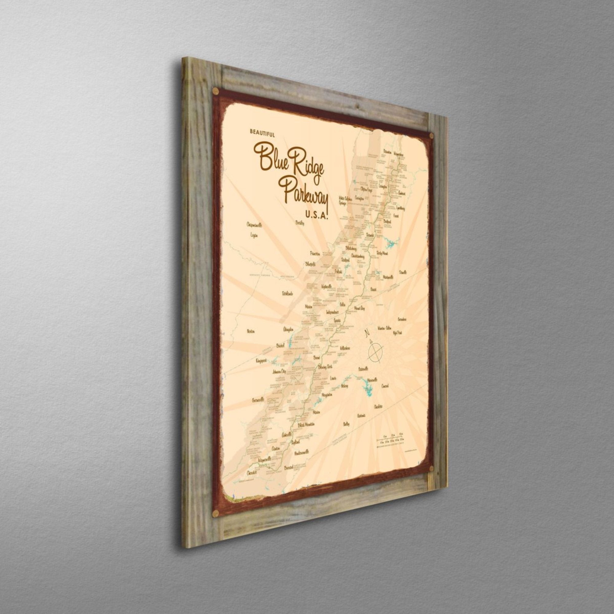 Blue Ridge Parkway, Wood-Mounted Rustic Metal Sign Map Art