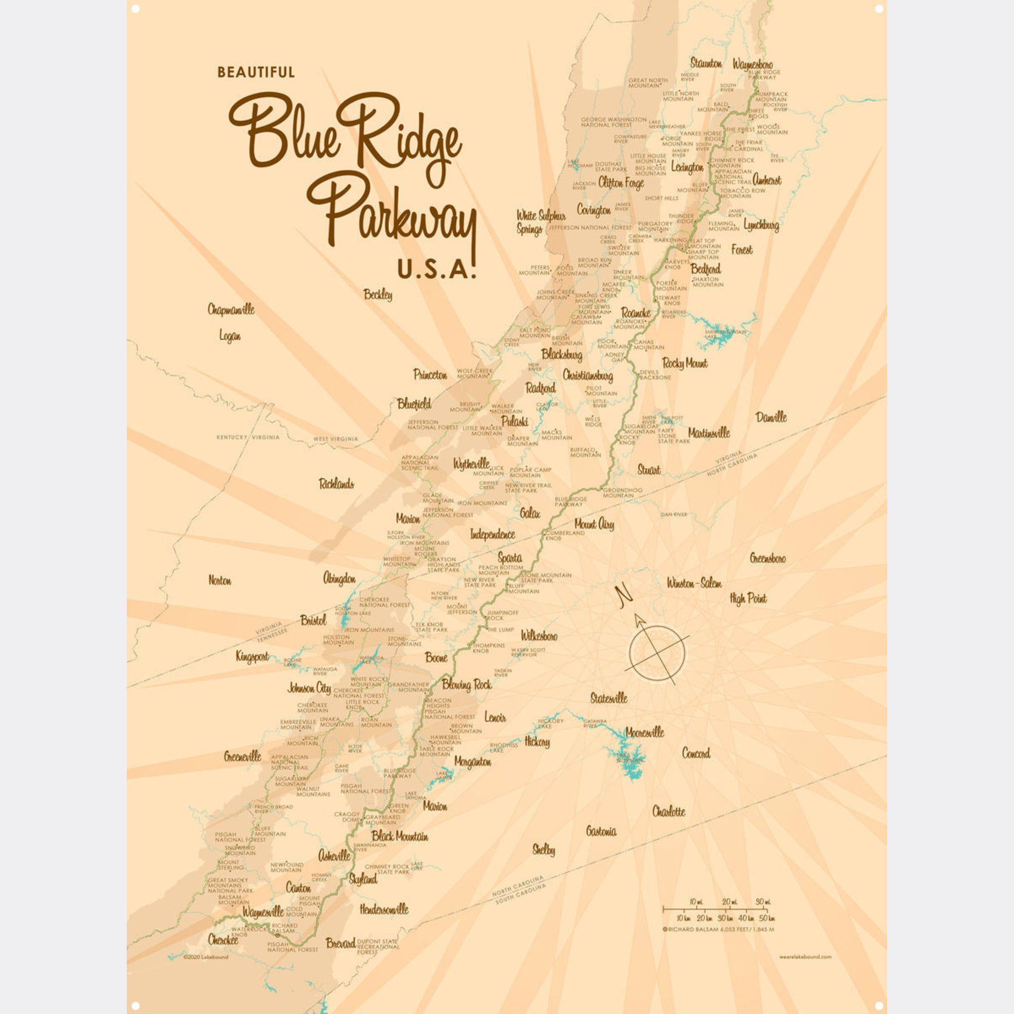 Blue Ridge Parkway, Metal Sign Map Art