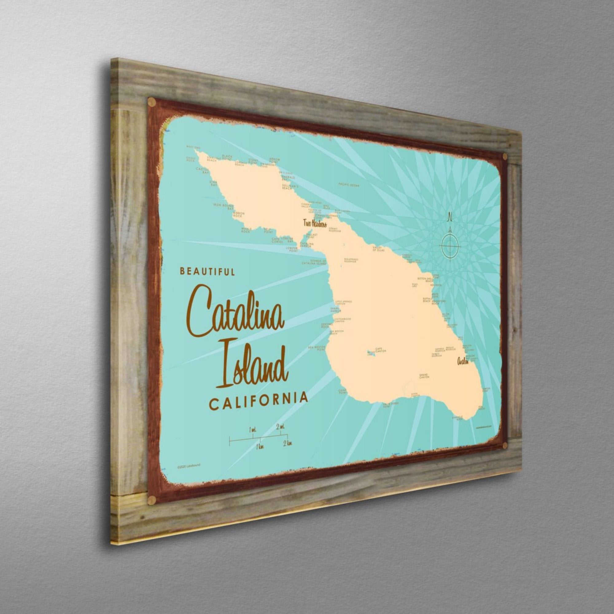 Catalina Island California, Wood-Mounted Rustic Metal Sign Map Art