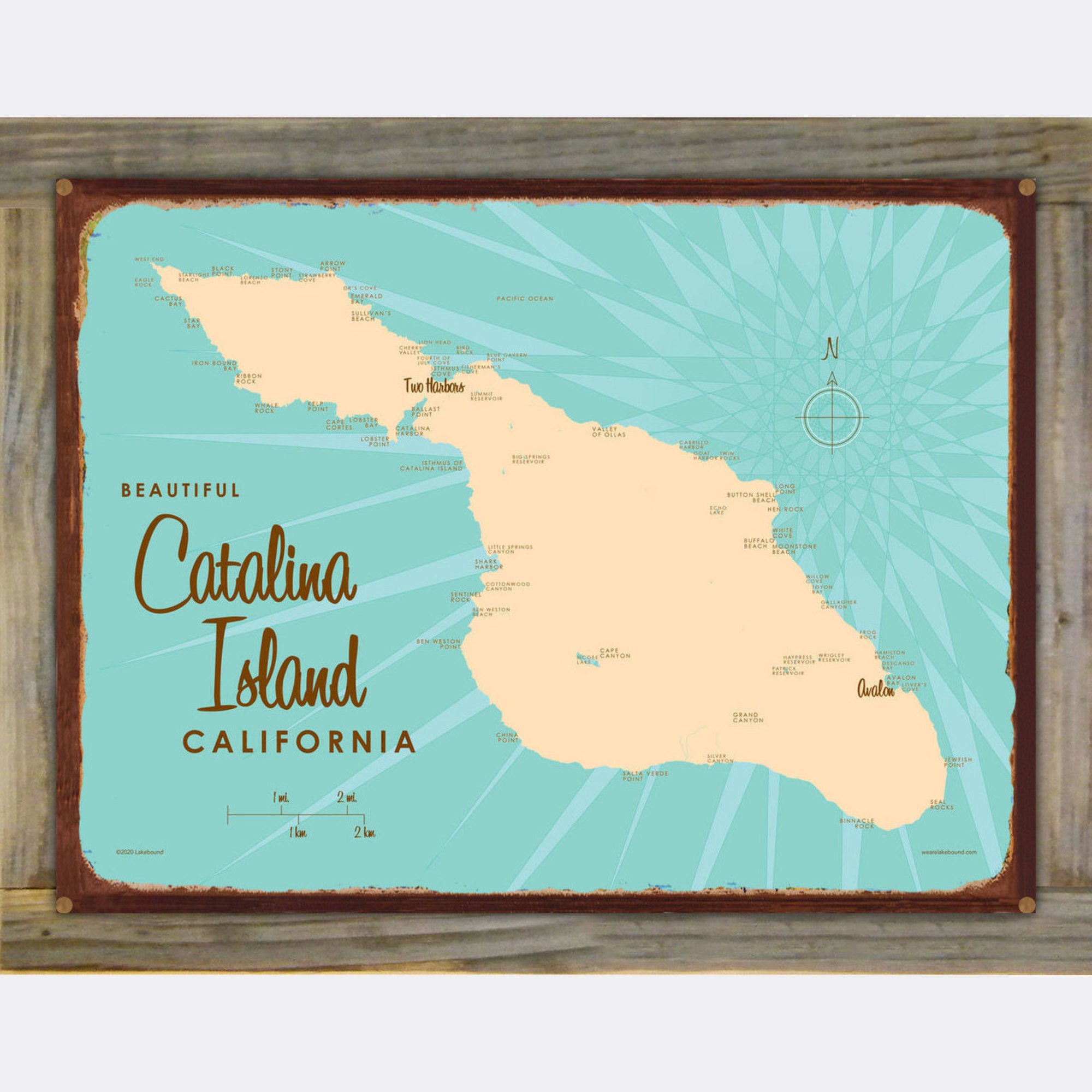 Catalina Island California, Wood-Mounted Rustic Metal Sign Map Art