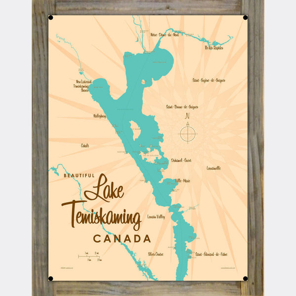 Lake Temiskaming Canada, Wood-Mounted Metal Sign Map Art
