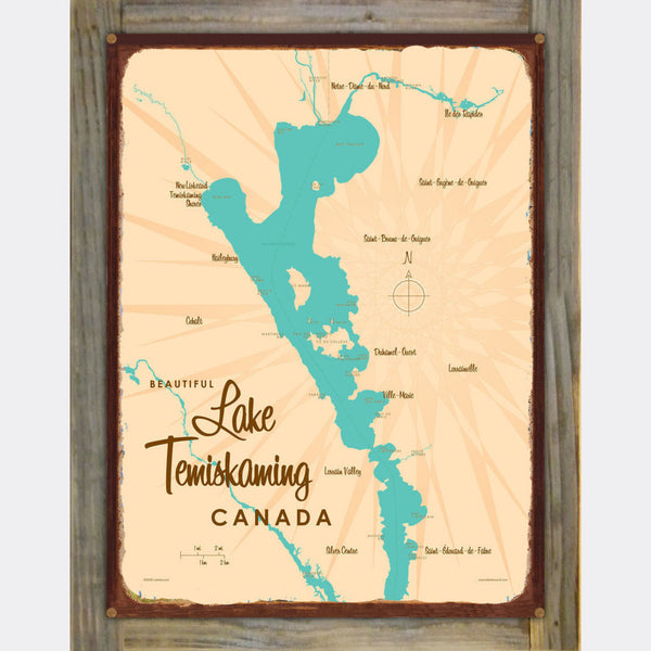 Lake Temiskaming Canada, Wood-Mounted Rustic Metal Sign Map Art