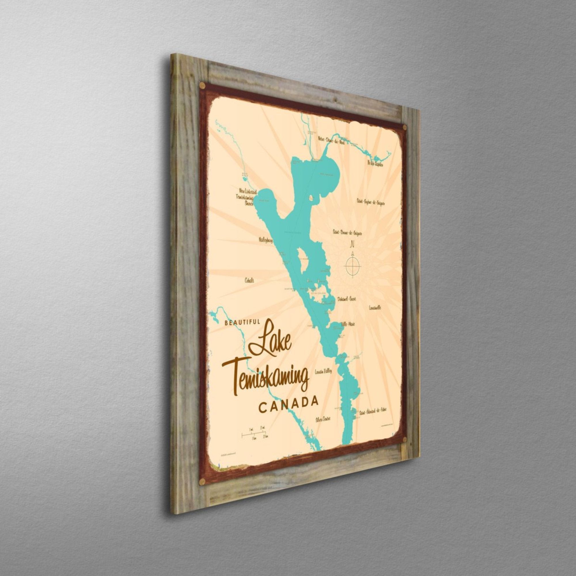 Lake Temiskaming Canada, Wood-Mounted Rustic Metal Sign Map Art