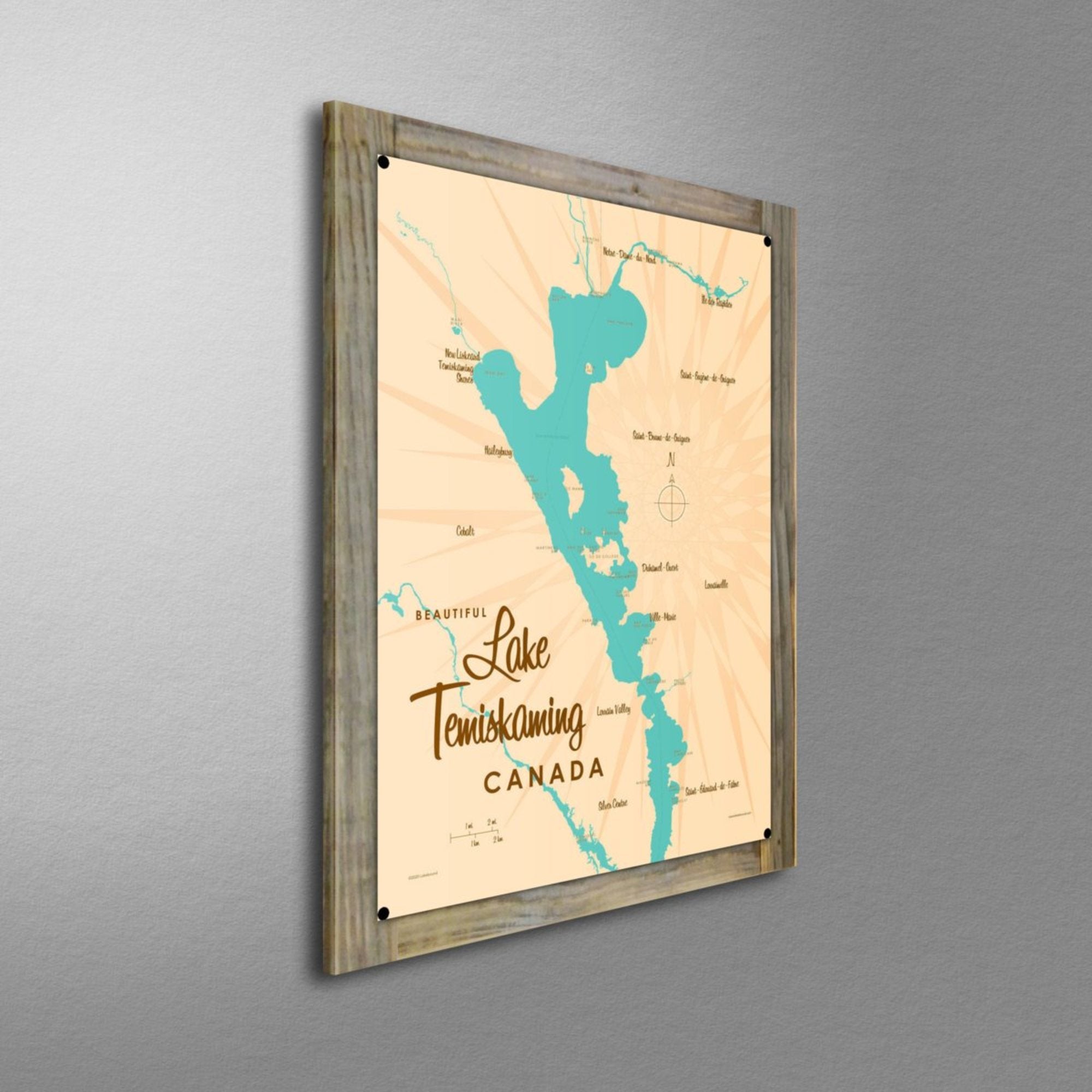 Lake Temiskaming Canada, Wood-Mounted Metal Sign Map Art