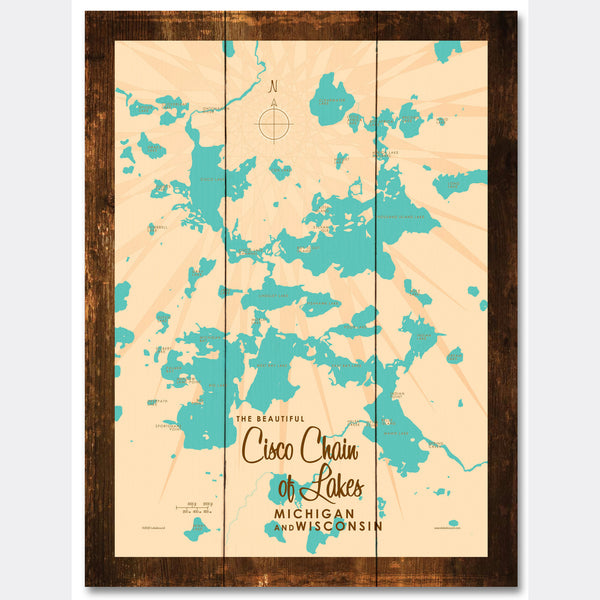 Cisco Chain of Lakes WI Michigan, Rustic Wood Sign Map Art