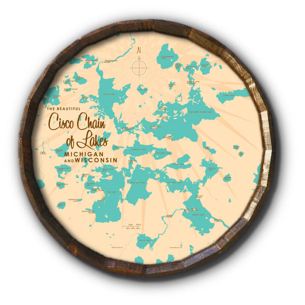 Cisco Chain of Lakes WI Michigan, Barrel End Map Art
