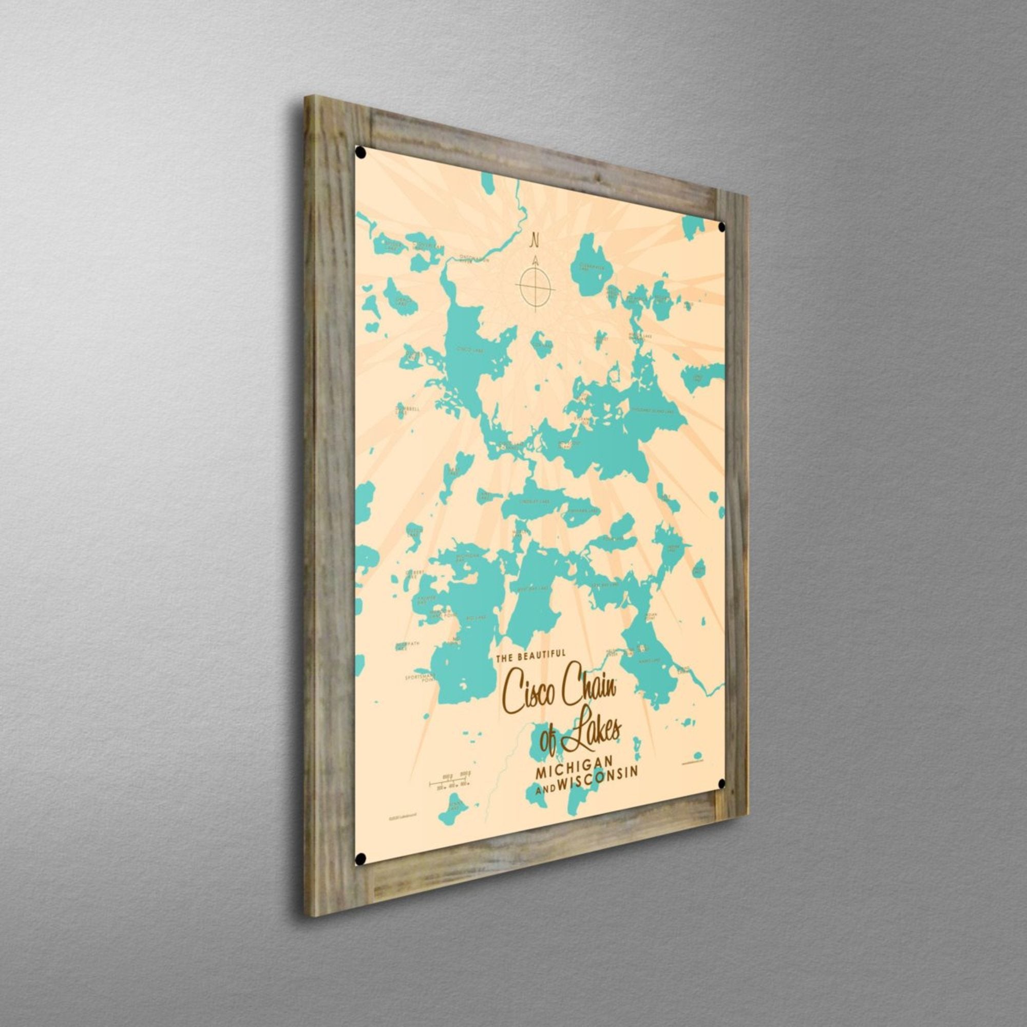 Cisco Chain of Lakes WI Michigan, Wood-Mounted Metal Sign Map Art