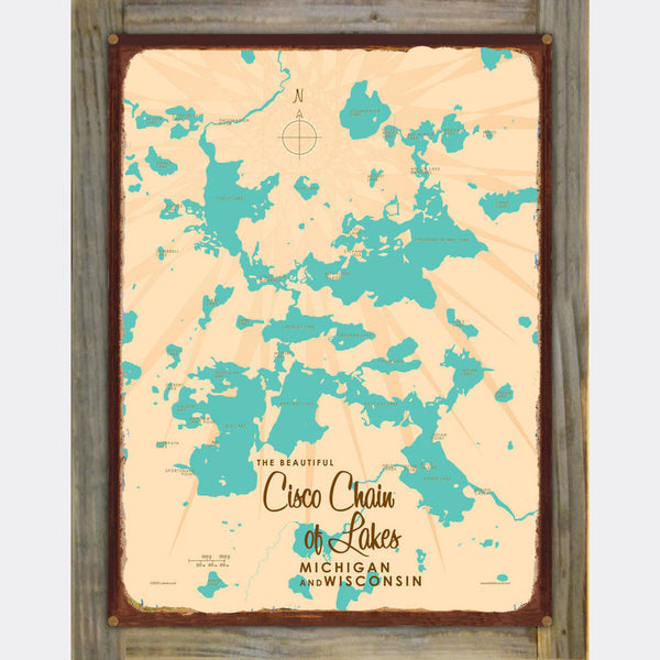 Cisco Chain of Lakes WI Michigan, Wood-Mounted Rustic Metal Sign Map Art