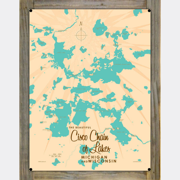Cisco Chain of Lakes WI Michigan, Wood-Mounted Metal Sign Map Art