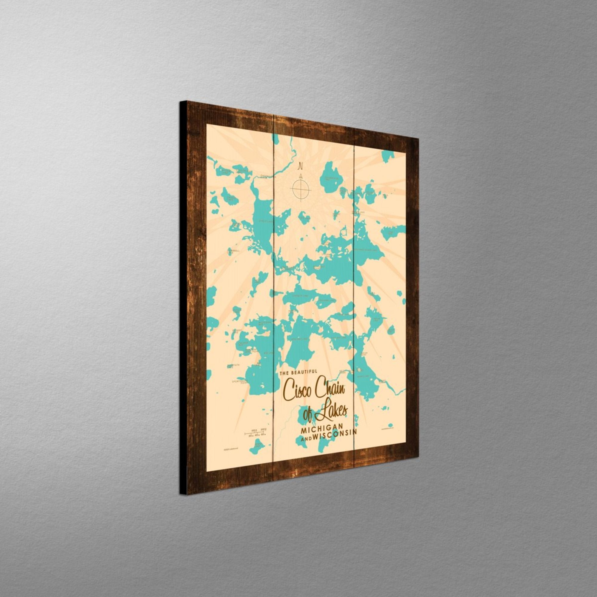 Cisco Chain of Lakes WI Michigan, Rustic Wood Sign Map Art