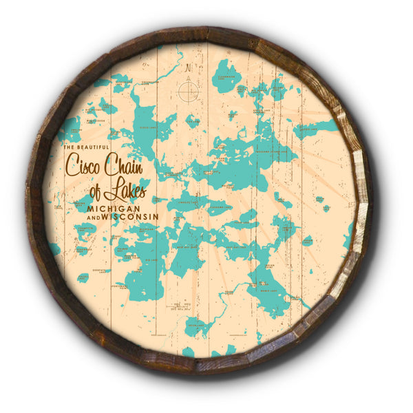 Cisco Chain of Lakes WI Michigan, Rustic Barrel End Map Art